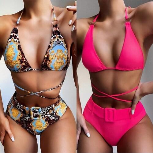 New Sexy Bikini Set High Quality Swimming Suit High Waist Printed Hanging Neck Ladies Split Swimsuit Low Cut Two Piece Swimwear