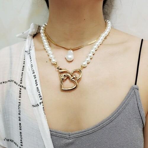 KMVEXO Simulated Pearl Clavicle Chain Double Heart Buckle Necklaces Women Street Choker Chunky Necklace Wedding Jewellery 2020