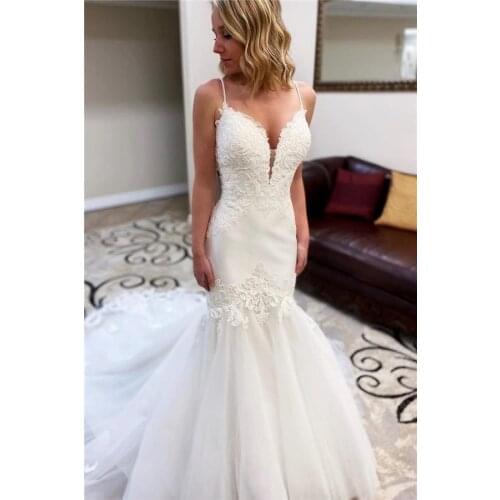 Sexy Mermaid Wedding Dress for Bride Chiffon Appliques V Neck Spaghetti Strap Wedding Bridal Gowns Robe De Soirée De Mariage