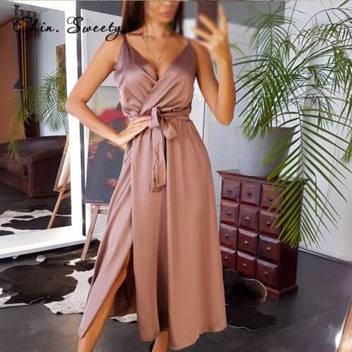 Women Sexy Deep V-neck Spaghetti Strap Dress 2021 Summer Lady Sleeveless Party Midi Dresses Female Fashion Elegant Solid Vestido