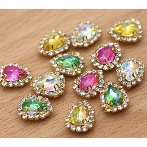 Mix Color 7X10mm Gold Base Sew on Rhinestones Nail Art Rhinestones Waterdrop Crystal Colorful Flatback Stones for DIY Shoes