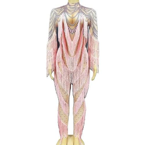 Long Sleeve Tassel Tight Stretch Jumpsuits Pink Dot Print Half High Collar Bodysuit Nightclub Costume DJ Singer Dance Stage Wear