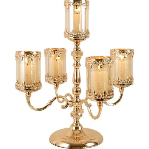 Nordic Retro 5 Arm Candelabra Candle Holder Iron Glass Candlestick Candles Home Decoration Romantic Table Tea Light Holder FC227