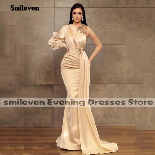 Smileven Saudi Arabia One Shoulder Champagne Pleat Evening Dress Mermaid Side Split Beads Prom Dresses Dubai Celebrity Gowns