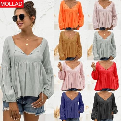 2021summer NewHot Sale Puff Sleeve Solid Color and V-neck Womens Top T-shirt