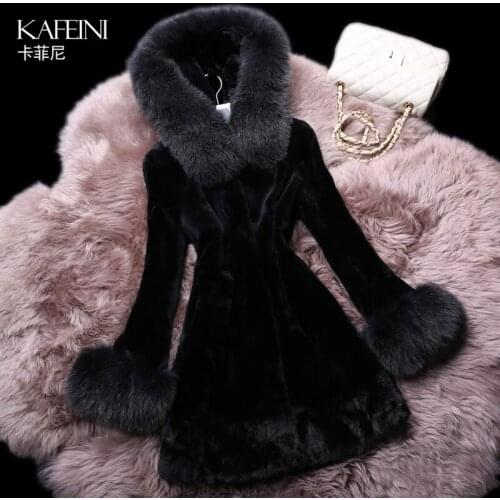 Luxury Winter Womens Genuine Natural Rex Rabbit Fur Coat Fox Fur Hooded Cuff Mink Fur Hem Plus Size Outerwear VF0260
