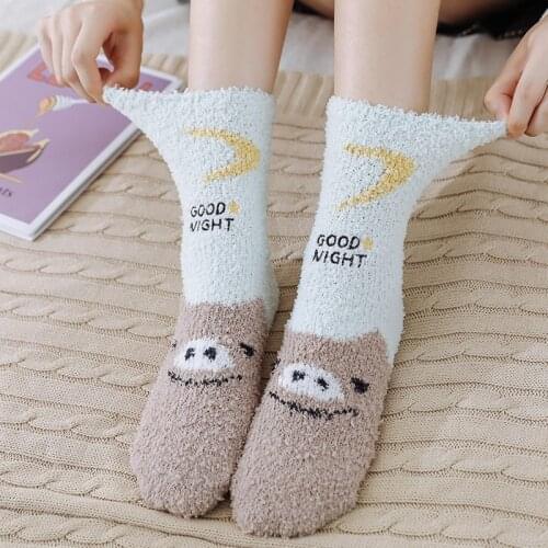 3 Pairs New Winter Coral Velvet Thick Home Women Socks Cartoon Cute Casual Moon Star Cotton Socks Pig Sheep Animal Print Socks