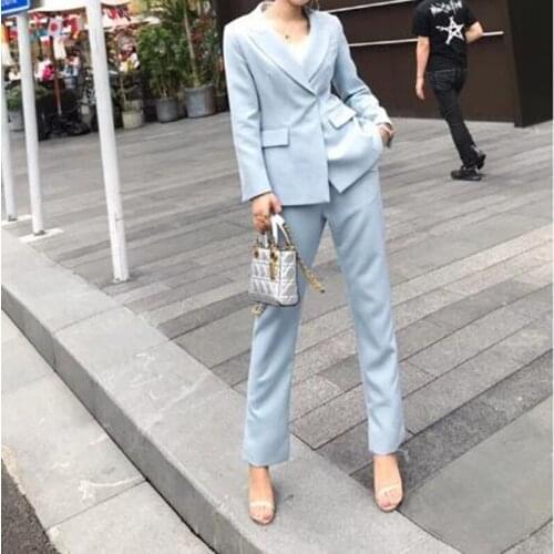 Sky Blue Womens Slim Fit Street Fashion 2 Pieces Suits Ladies Solid Color Business Formal Work Wear Terno Suits Jacket Pants