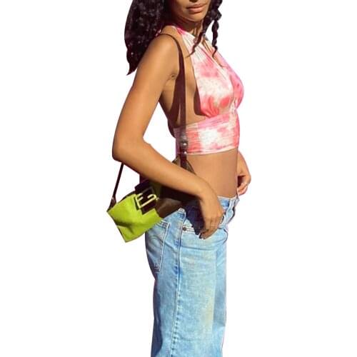 Women Sexy Backless Halter Vest Tank Tops Summer Tie Dye Deep V-Neck Streetwear Slim Camis Crop Top
