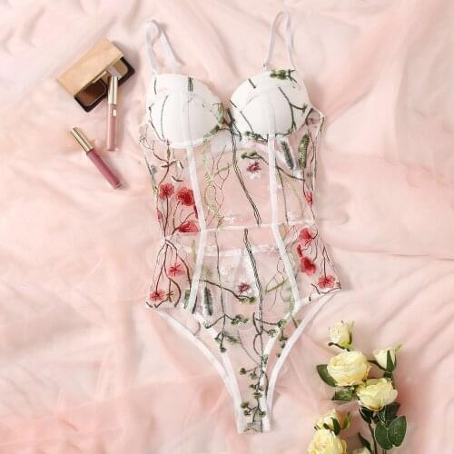 Sexy Lace Embroidery Bodysuit Lingerie for Women See Through One Piece Bodysuits Lingerie Exotic Teddies Pajamas Bodysuits