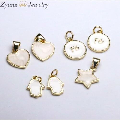 10PCS, Gold Color Heart/Star/Hamsa Hand Shell Pendants for Necklace Bracelet Charms Jewelry Findings Supplies