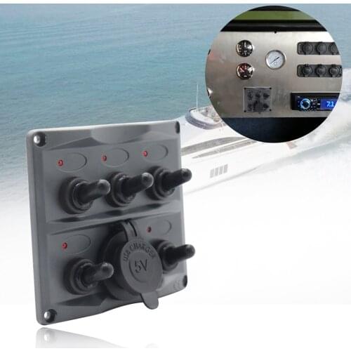 12/24V Marine Boat 5 Gang+ 5V 3.4A USB Splashproof Toggle Switch Panel LED