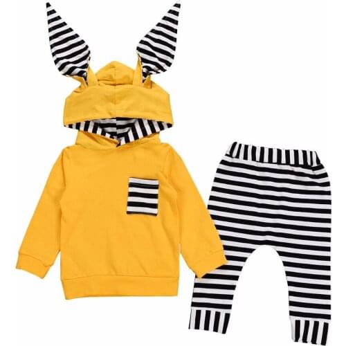 2018 Autumn Baby Girl Boy Clothes 3D Bunny Ear Striped Pocket Hoodie Sweatershirt+Pants 2 Pieces sets Baby clothing outfit set