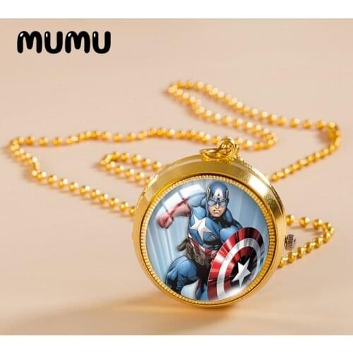 2021 New Captain America Shield Logo Pocket Watch Necklace Superhero Gold Color Vintage Watch Glass Dome Pendant Jewelry Gifts