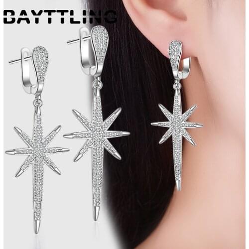 BAYTTLING 925 Sterling Silver 55MM Luxury Shiny Zircon Snowflake Drop Earrings For Woman Lady Fashion Wedding Party Jewelry Gift