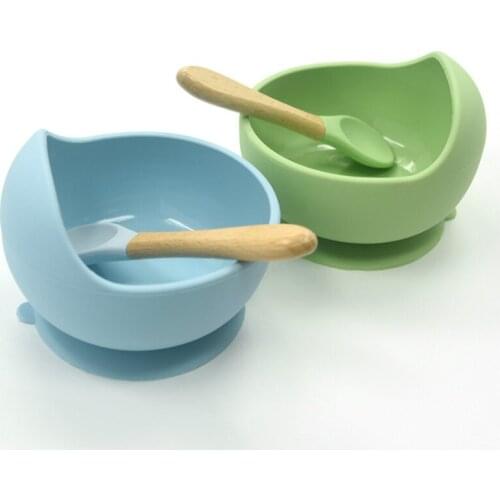 Baby Bowls Silicone Feeding Set Wooden Spoon Bowl Baby Plate Kids Toddler Assist Tableware BPA Free High Quality Silicone