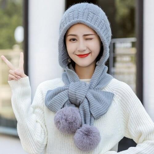 H7734 Women Knitted Bomber Hat Fall Winter Thick Warm Neck Ear Protection Cap High Quality Korean Student Lovely Hair Ball Hats