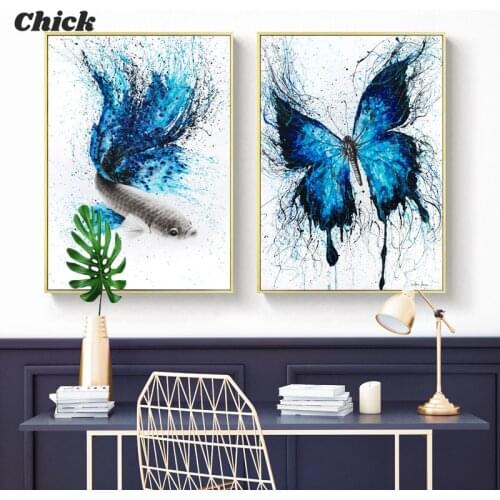 Beautiful Home Decor Blue Abstract Fish and Butterfly Printed Canvas Painting Living Room Wall Art Pictures No Frames
