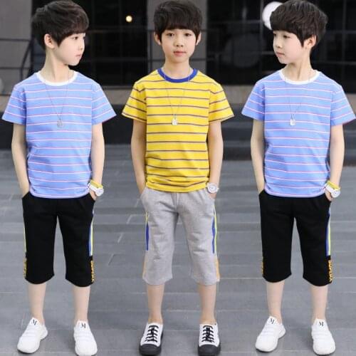 Boy Summer Sets Childrens Cotton Stripe Tops& Contrast Short Pants Comfortable Clothing Sets Child Clothes For Boy 120-160cm