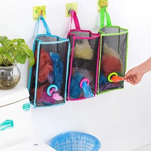 Hanging Mesh Garbage Bag Organizer Dispenser Kitchen Wall Mount Reusable Grocery Bags Holder Net Trash Bag Storage