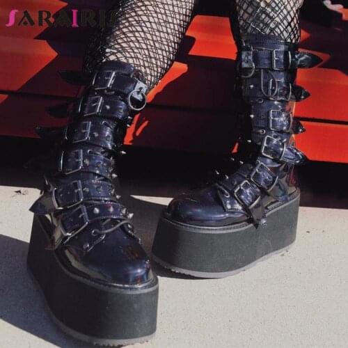 SaraIris INS Brand Black Zipper Buckle Rivit Thick Wedges Platform womens Boots Cool Punk Goth Cosplay Women Street Shoes