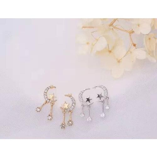 925 sterling silver/gold plated zircon crystal crescent/moon/star stud earrings for women girls birthday present eardrop