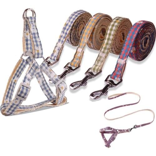 Plaid Fabric Cat Dog Adjustable Harness Walking Lead Leash Collar Harness For Small Medium Pet