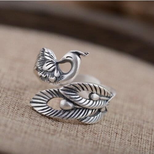 Thai Silver Wholesale S990 Silver Antique Do Old Shop Style Women Wear Peony Fung Ring Hot Style Gifts