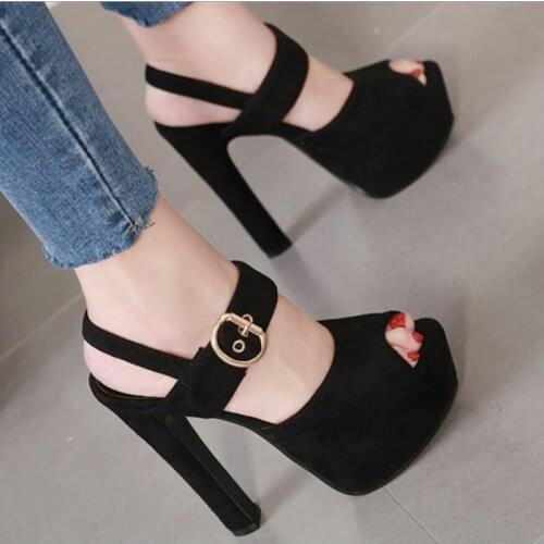 Fashion Women Ankle Strap Sandals Casual Flock Buckle Strap Thin Heels 15CM Open Toed High Heels Women Sandals Discount Pumps