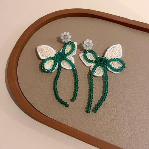 VSnow Fairy Green Crystal Bowknot Long Tassel Dangle Earring for Women Butterfly Beaded Flower Rhinestone Earring Jewellery