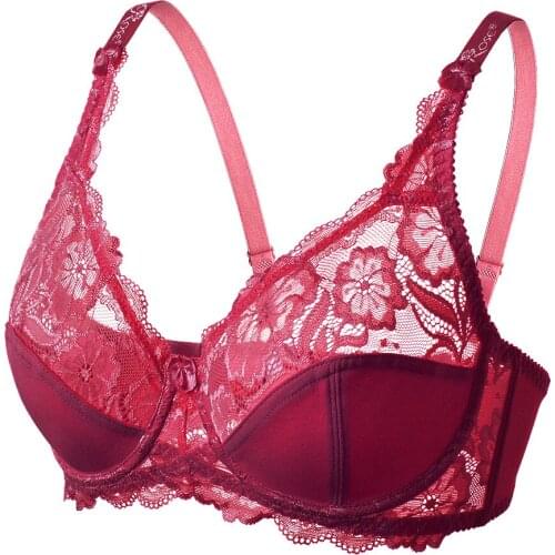 BIG Red New Lace Bras For Women Bralette Transparent Thin Sexy Bra Floral Unlined Underwire 36 38 40 42 44 46 C D E