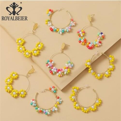 Royalbeier New Summer Women Handmade Bohemian Flower Bead Drop Earrings Vintage Colorful Big Circle Earrings Fashion Jewelry