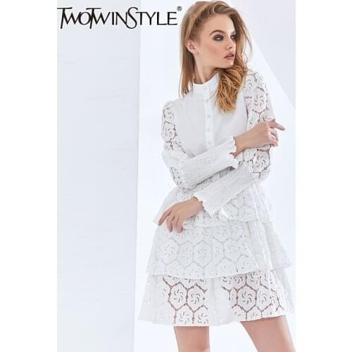 TWOTWINSTYLE Solid Color Embroidery Lace Summer Women Dress Long Sleeve High Waist White Dresses Female 2021 Womens Dresss New
