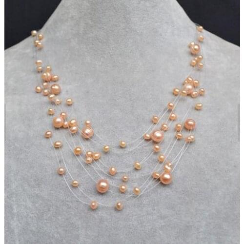 Unique Pearls jewellery Store Pink Pearl Necklace Illusion Multistrand Real Freshwater Pearl Necklace Charming Women Jewelry