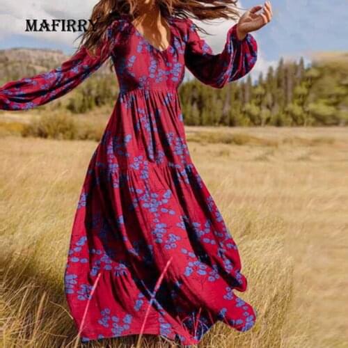 Autumn Casual Women Printed Maxi Dress V Neck Lantern Sleeve Vintage Loose Dress Elegant Female Loose Waist Beach Holiday Dress