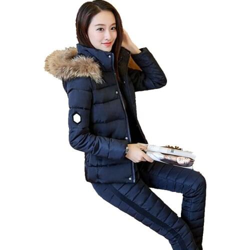 New winter coat ladies fashion casual solid color hooded warm down padded suit (jacket + pants suits) winter suit