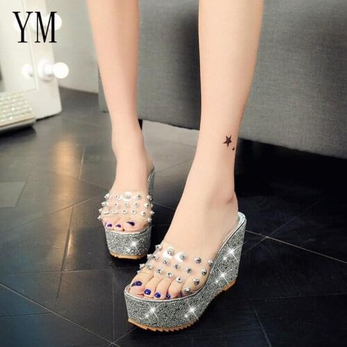 020 Sexy PVC Women Wedge Heel Heels Platform Sandals Summer Slippers Thick Heel Slippers Slides Ladies Shoes Zapatos Mujer 35-39