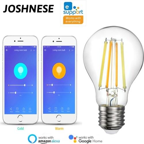 1-10pcs JOSHNESE 220V WiFi Smart Filament Bulb eWeLink APP Remote Control 2700-6500K Dual-color Bulb E27 7.5W Dimmable Bulb