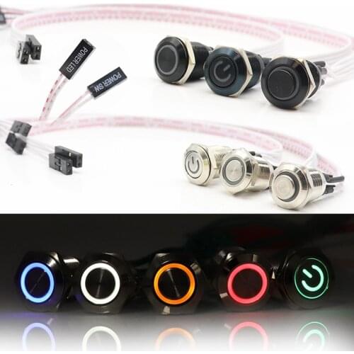 12/16/19/22mm PC Host Start Restart LED Metal Button Switch PC DIY With 20-60cm Motherboard Cable waterproof Computer 3-6v