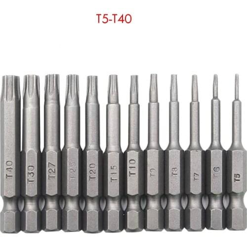 12PCS/Set 50mm Long Hex Shank Torx Screwdriver Bits T5-T40 S2 Steel Hollow Hole Screwdriver Bits for Screwdriver Electric Drill