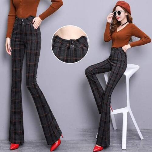 New bell bottom temperament high waist woolen lattice micro bell pants elastic casual thickening womens trousers