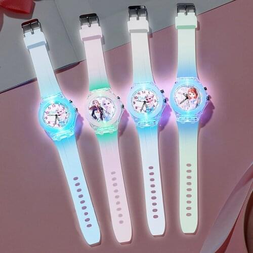 Frozen Princess Aisha Cartoons Pattern childrens watch fashion crystal Luminous toy watch Childrens leather quartz watch