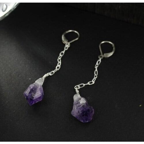 Natural Purple Crystal Raw Stone Earring Healing Stone Dangle Bridal Witch Creative Gothic Boho Jewellery Women Gift 2021 New