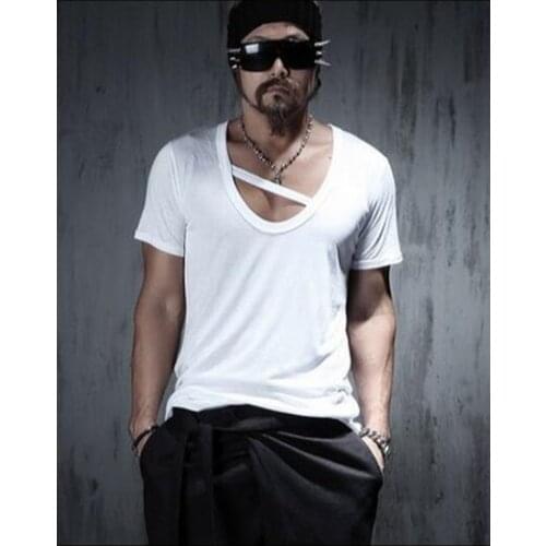 S-4xl New Summer Korean Version Fashion Nightclub Stage Super Cool Round Neck Short Sleeve T-shirt Singer Costumes Clothing