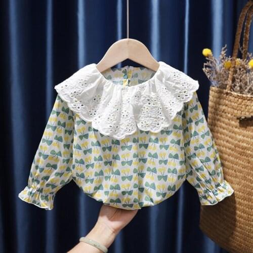 Keelan Kids Girls Tops Clothes Lace Collar Baby Girls Flower Printed Shirts Long Sleeve Autumn Thin Children Clothes 1-6Y