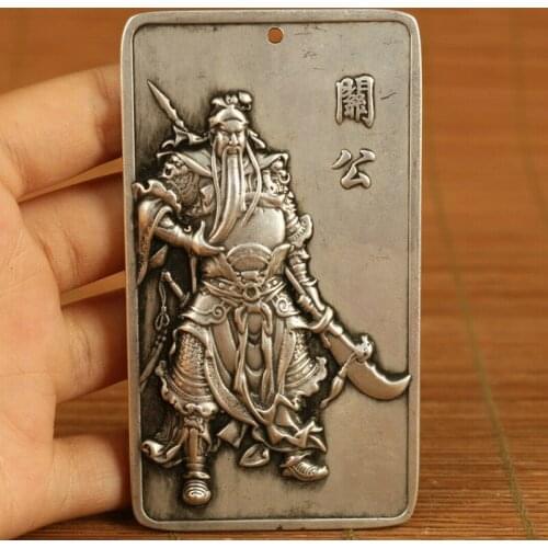 Chinese Tibet Silver Hand Casting Guangong Statue Pendant Netsuke