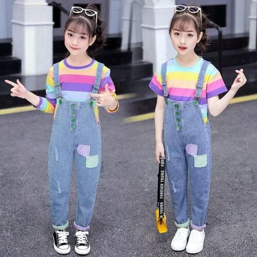 Girls Suit T-shirt +Overalls 2Pcs/Sets 2021 Stripe Spring Autumn Teenager Kid School Outdoor Clothes Kids Children Clothing