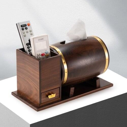 Creative black walnut wooden wine barrel chateau tissue box with drawer storage box luxurious hotel Decorative ornaments