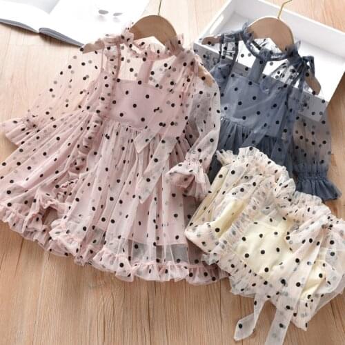 Fashion Girl Party Dresses Mesh Dots Long Sleeve Children Princess Dress Casual Elegant Kids Dress Baby Clothes