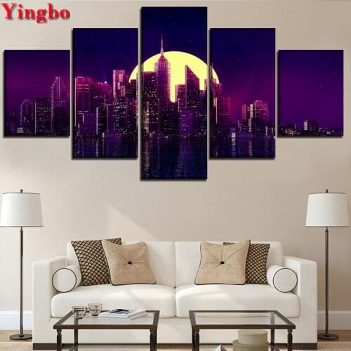5pcs/set DIY Diamond Painting Cross Stitch Kit Diamond full set Embroidery City Building Moon Night Landscape Diamond Mosaic